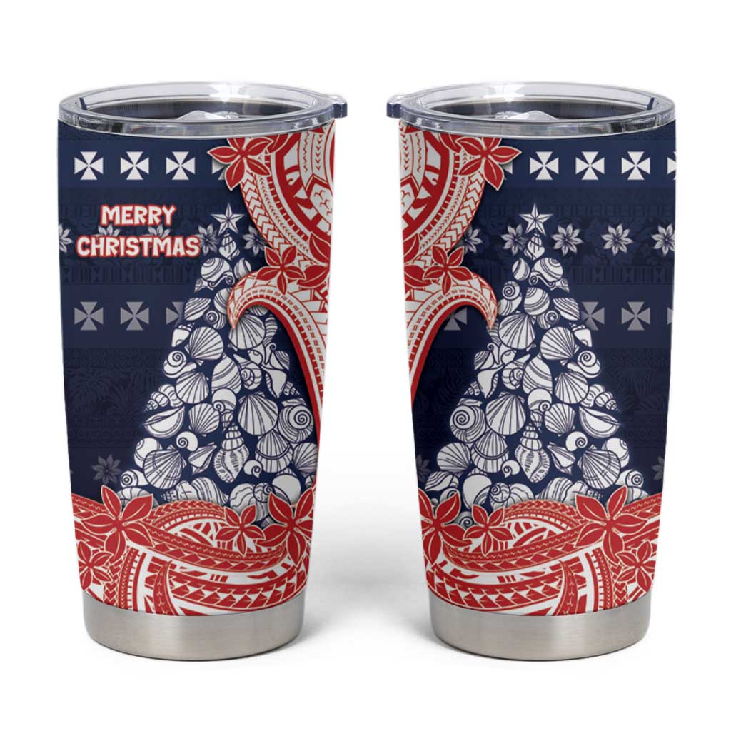 Wallis And Futuna Christmas Tumbler Cup Seashell Xmas Tree Tribal Waves DT05 Navy - Polynesian Pride