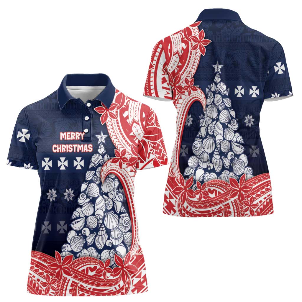 Wallis And Futuna Christmas Women Polo Shirt Seashell Xmas Tree Tribal Waves - Polynesian Pride