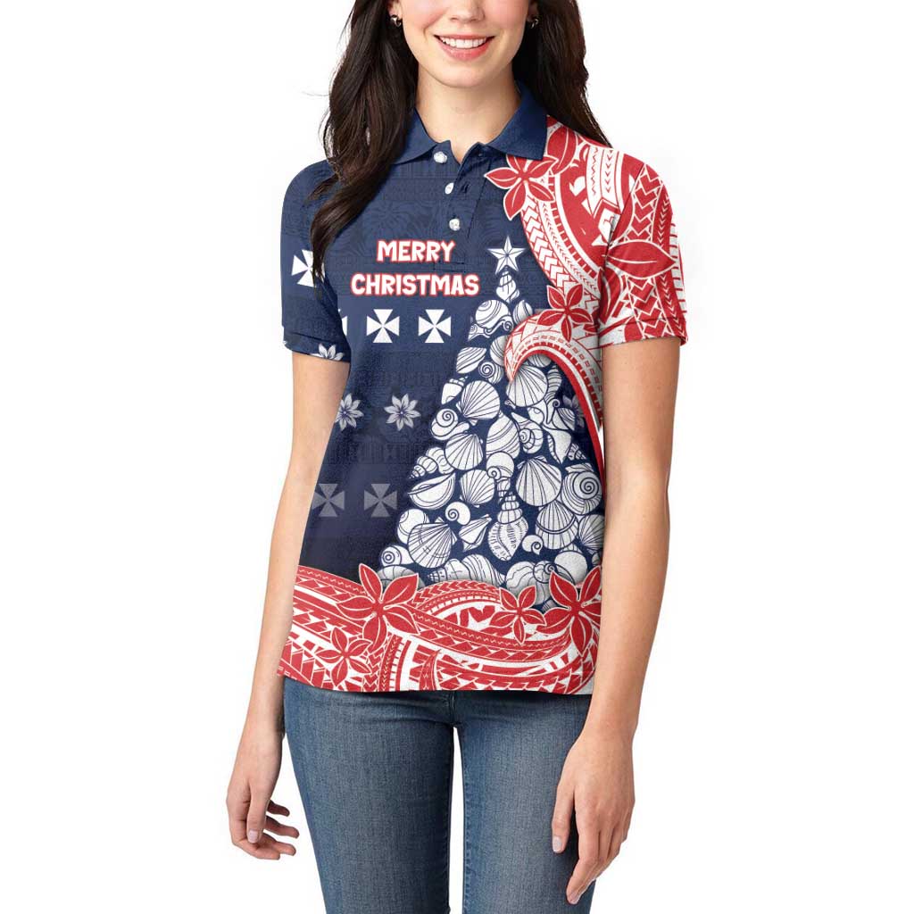 Wallis And Futuna Christmas Women Polo Shirt Seashell Xmas Tree Tribal Waves - Polynesian Pride