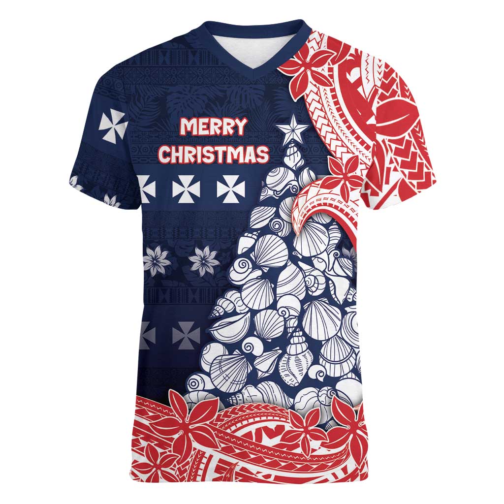 Wallis And Futuna Christmas Women V-Neck T-Shirt Seashell Xmas Tree Tribal Waves - Polynesian Pride