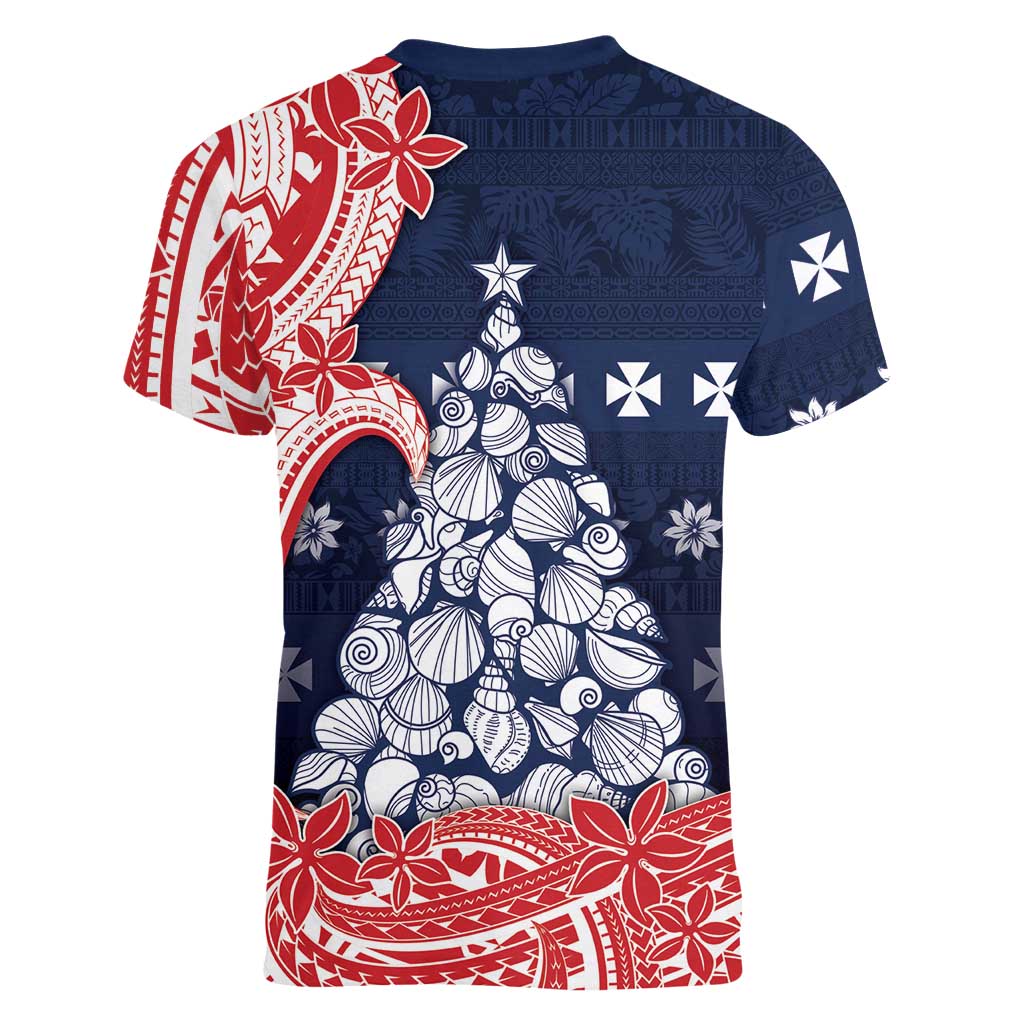 Wallis And Futuna Christmas Women V-Neck T-Shirt Seashell Xmas Tree Tribal Waves - Polynesian Pride