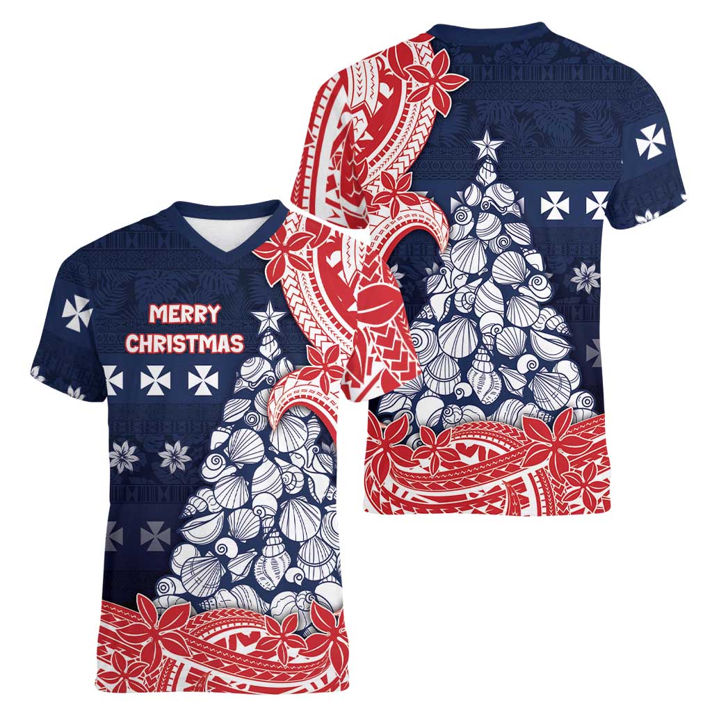 Wallis And Futuna Christmas Women V-Neck T-Shirt Seashell Xmas Tree Tribal Waves - Polynesian Pride