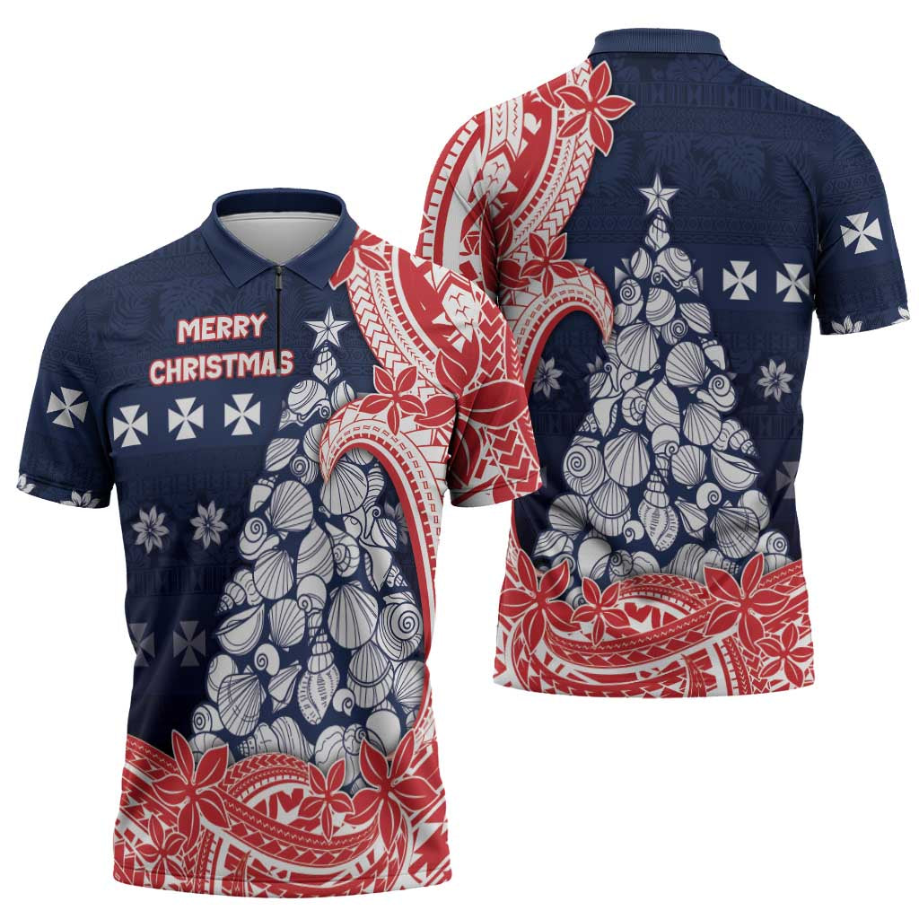 Wallis And Futuna Christmas Zipper Polo Shirt Seashell Xmas Tree Tribal Waves - Polynesian Pride