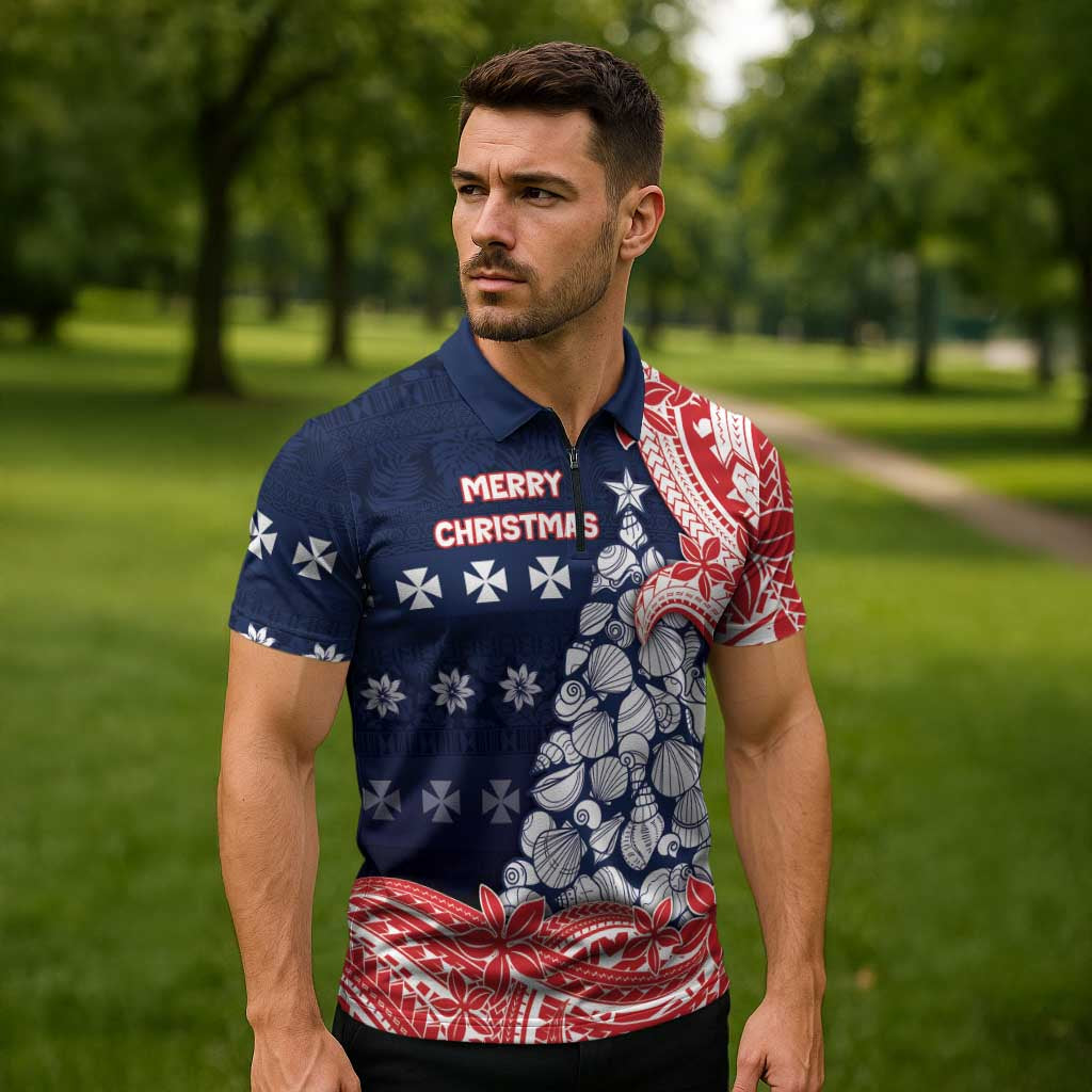 Wallis And Futuna Christmas Zipper Polo Shirt Seashell Xmas Tree Tribal Waves - Polynesian Pride