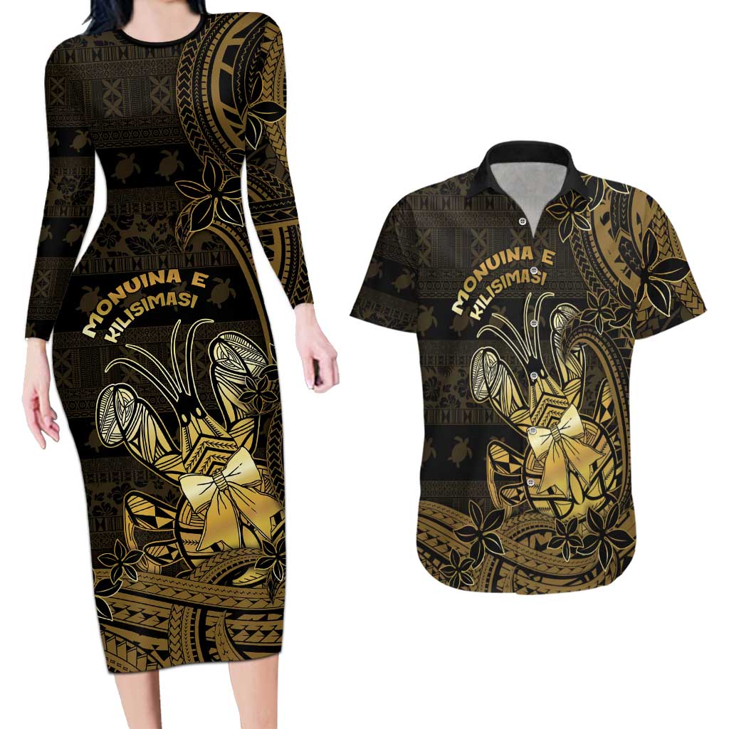 Niue Christmas Couples Matching Long Sleeve Bodycon Dress and Hawaiian Shirt Niuean Crab Xmas Tribal Waves DT05 Gold - Polynesian Pride