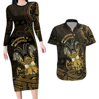 Niue Christmas Couples Matching Long Sleeve Bodycon Dress and Hawaiian Shirt Niuean Crab Xmas Tribal Waves DT05 Gold - Polynesian Pride
