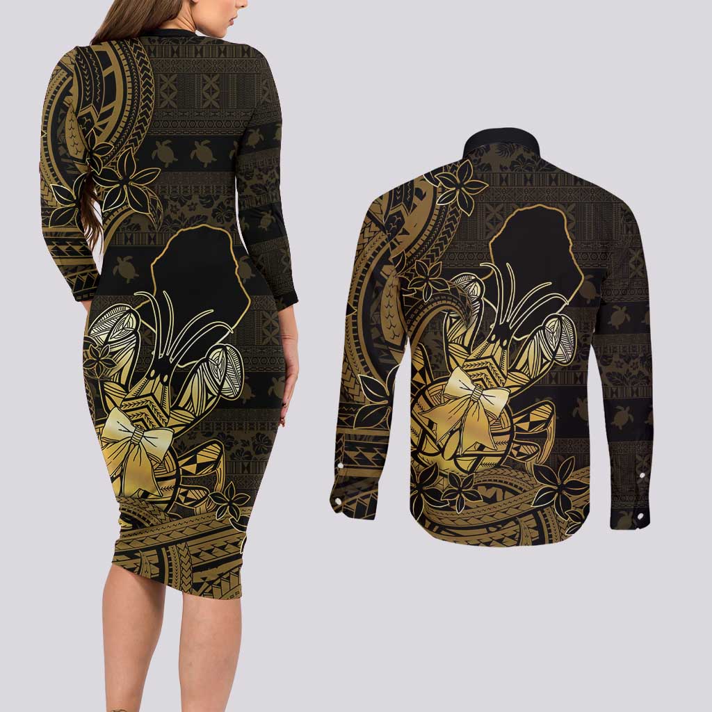Niue Christmas Couples Matching Long Sleeve Bodycon Dress and Long Sleeve Button Shirt Niuean Crab Xmas Tribal Waves DT05 - Polynesian Pride