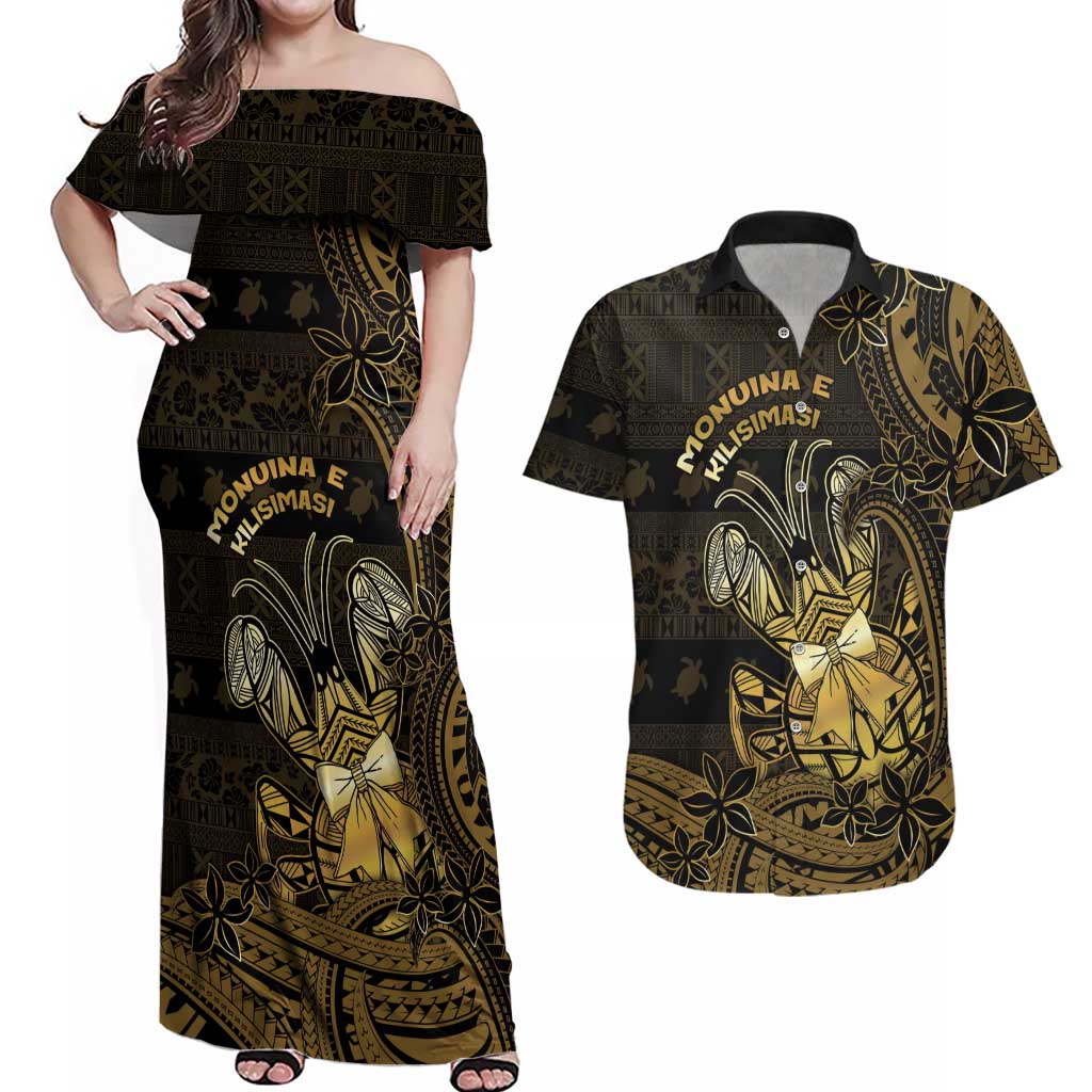 Niue Christmas Couples Matching Off Shoulder Maxi Dress and Hawaiian Shirt Niuean Crab Xmas Tribal Waves DT05 Gold - Polynesian Pride