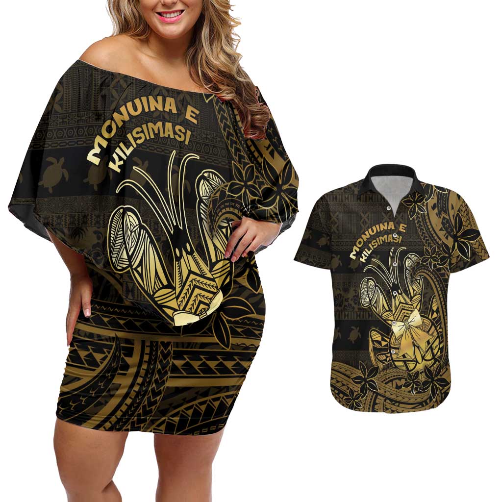 Niue Christmas Couples Matching Off Shoulder Short Dress and Hawaiian Shirt Niuean Crab Xmas Tribal Waves DT05 Gold - Polynesian Pride