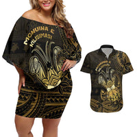 Niue Christmas Couples Matching Off Shoulder Short Dress and Hawaiian Shirt Niuean Crab Xmas Tribal Waves DT05 Gold - Polynesian Pride