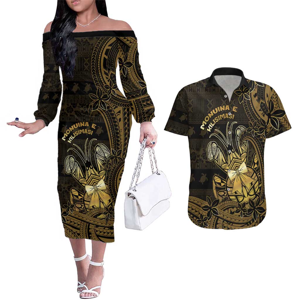 Niue Christmas Couples Matching Off The Shoulder Long Sleeve Dress and Hawaiian Shirt Niuean Crab Xmas Tribal Waves - Polynesian Pride