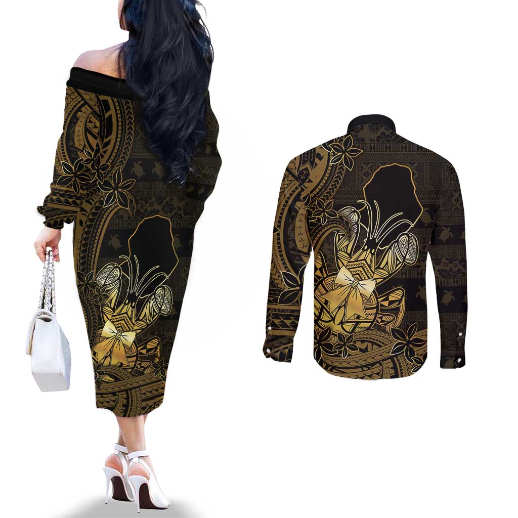 Niue Christmas Couples Matching Off The Shoulder Long Sleeve Dress and Long Sleeve Button Shirt Niuean Crab Xmas Tribal Waves DT05 - Polynesian Pride