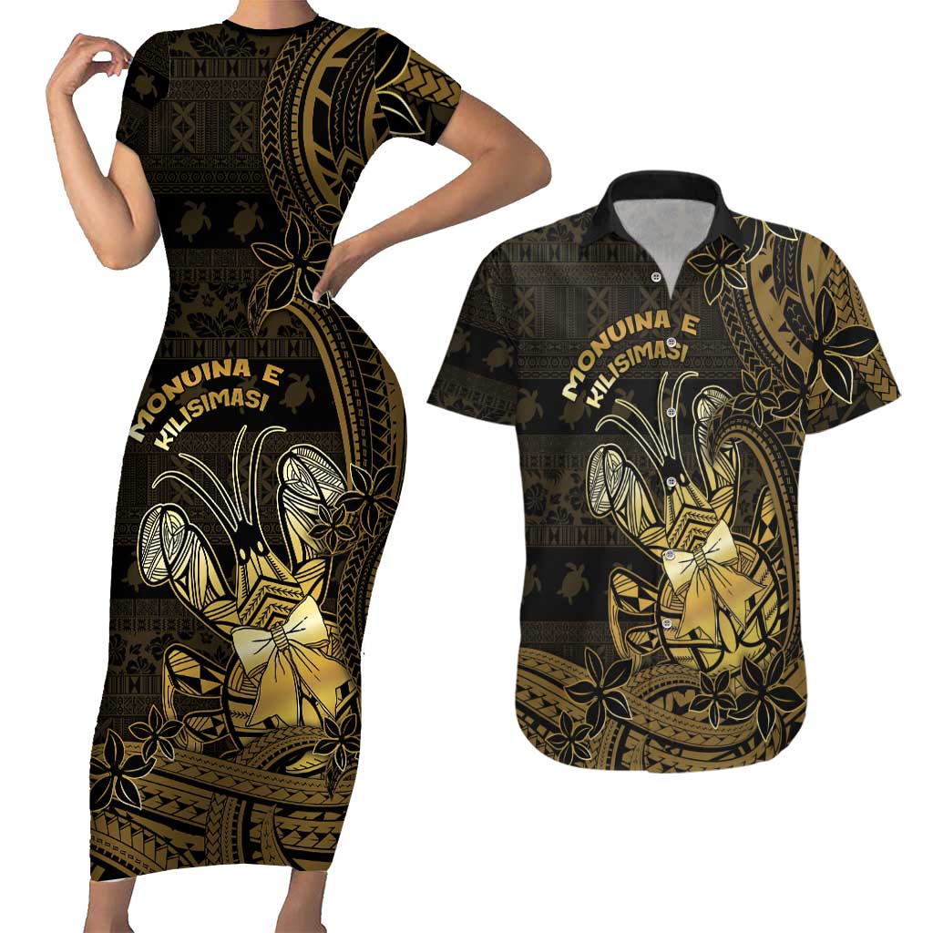 Niue Christmas Couples Matching Short Sleeve Bodycon Dress and Hawaiian Shirt Niuean Crab Xmas Tribal Waves DT05 Gold - Polynesian Pride