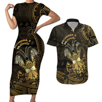 Niue Christmas Couples Matching Short Sleeve Bodycon Dress and Hawaiian Shirt Niuean Crab Xmas Tribal Waves DT05 Gold - Polynesian Pride
