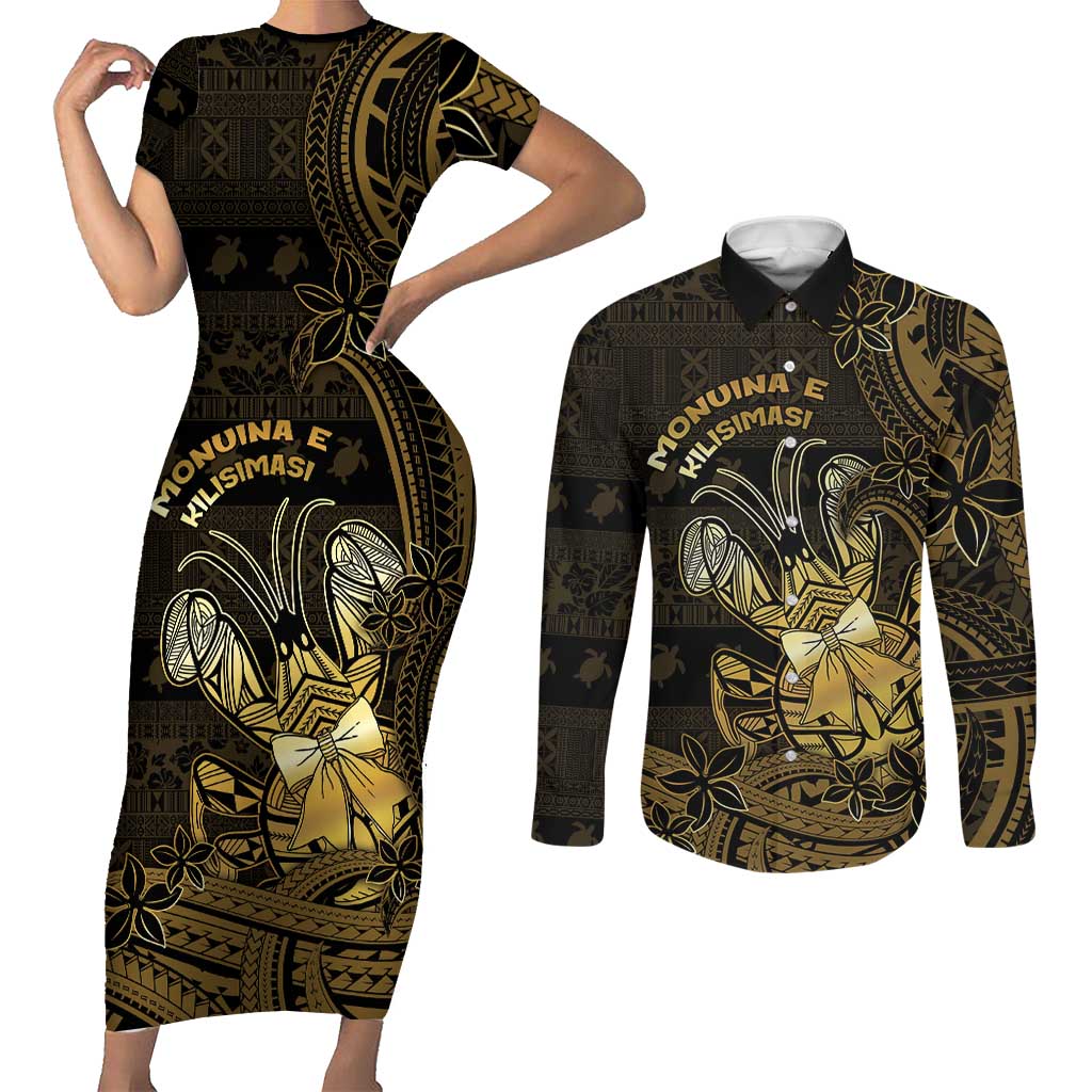 Niue Christmas Couples Matching Short Sleeve Bodycon Dress and Long Sleeve Button Shirt Niuean Crab Xmas Tribal Waves - Polynesian Pride