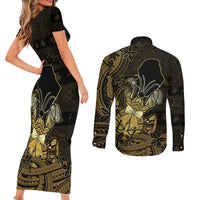 Niue Christmas Couples Matching Short Sleeve Bodycon Dress and Long Sleeve Button Shirt Niuean Crab Xmas Tribal Waves DT05 - Polynesian Pride