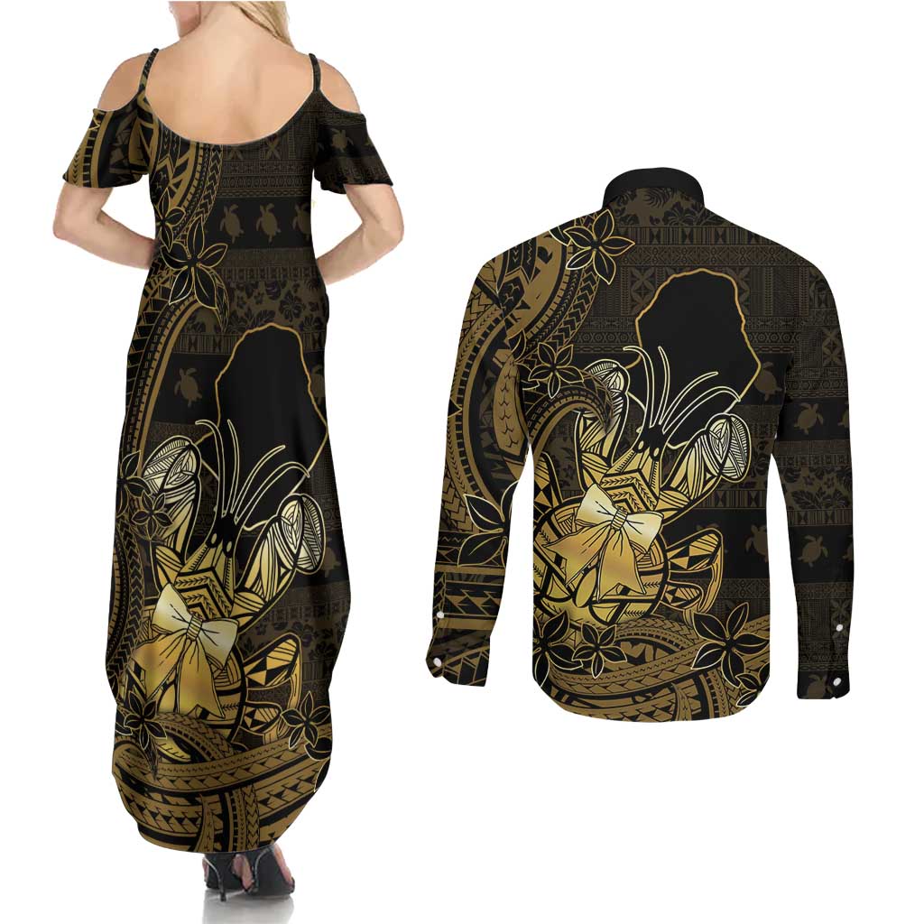 Niue Christmas Couples Matching Summer Maxi Dress and Long Sleeve Button Shirt Niuean Crab Xmas Tribal Waves - Polynesian Pride