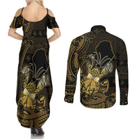 Niue Christmas Couples Matching Summer Maxi Dress and Long Sleeve Button Shirt Niuean Crab Xmas Tribal Waves - Polynesian Pride