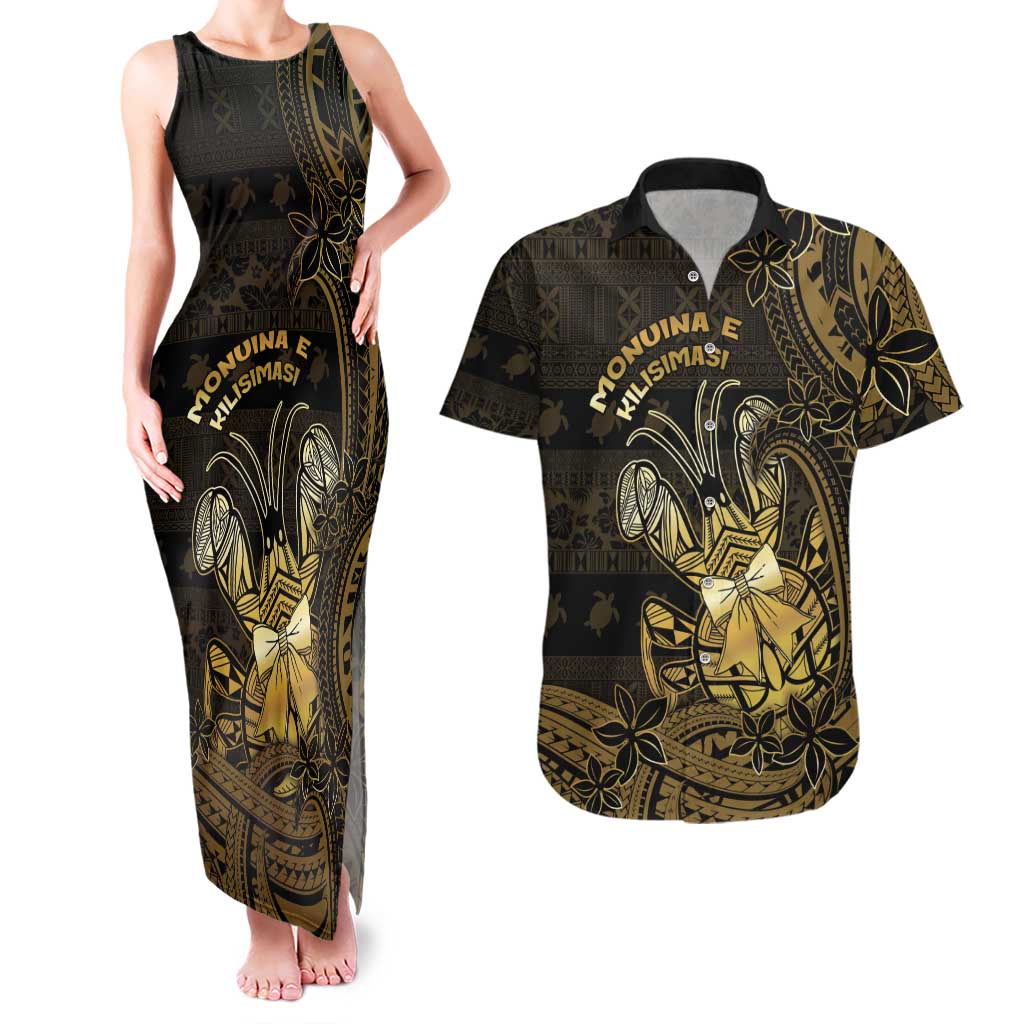 Niue Christmas Couples Matching Tank Maxi Dress and Hawaiian Shirt Niuean Crab Xmas Tribal Waves DT05 Gold - Polynesian Pride