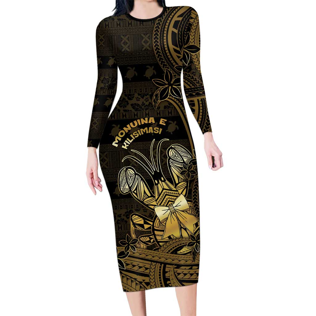 Niue Christmas Family Matching Long Sleeve Bodycon Dress and Hawaiian Shirt Niuean Crab Xmas Tribal Waves DT05 Mom's Dress Gold - Polynesian Pride