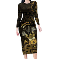 Niue Christmas Family Matching Long Sleeve Bodycon Dress and Hawaiian Shirt Niuean Crab Xmas Tribal Waves DT05 Mom's Dress Gold - Polynesian Pride