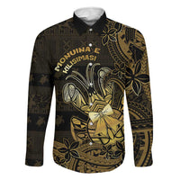 Niue Christmas Family Matching Mermaid Dress and Hawaiian Shirt Niuean Crab Xmas Tribal Waves DT05 Dad's Shirt - Long Sleeve Gold - Polynesian Pride