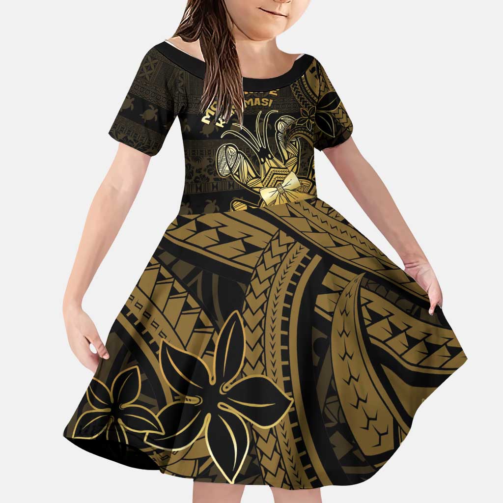 Niue Christmas Family Matching Off Shoulder Maxi Dress and Hawaiian Shirt Niuean Crab Xmas Tribal Waves DT05 Daughter's Dress Gold - Polynesian Pride