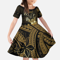 Niue Christmas Family Matching Off Shoulder Short Dress and Hawaiian Shirt Niuean Crab Xmas Tribal Waves DT05 Daughter's Dress Gold - Polynesian Pride