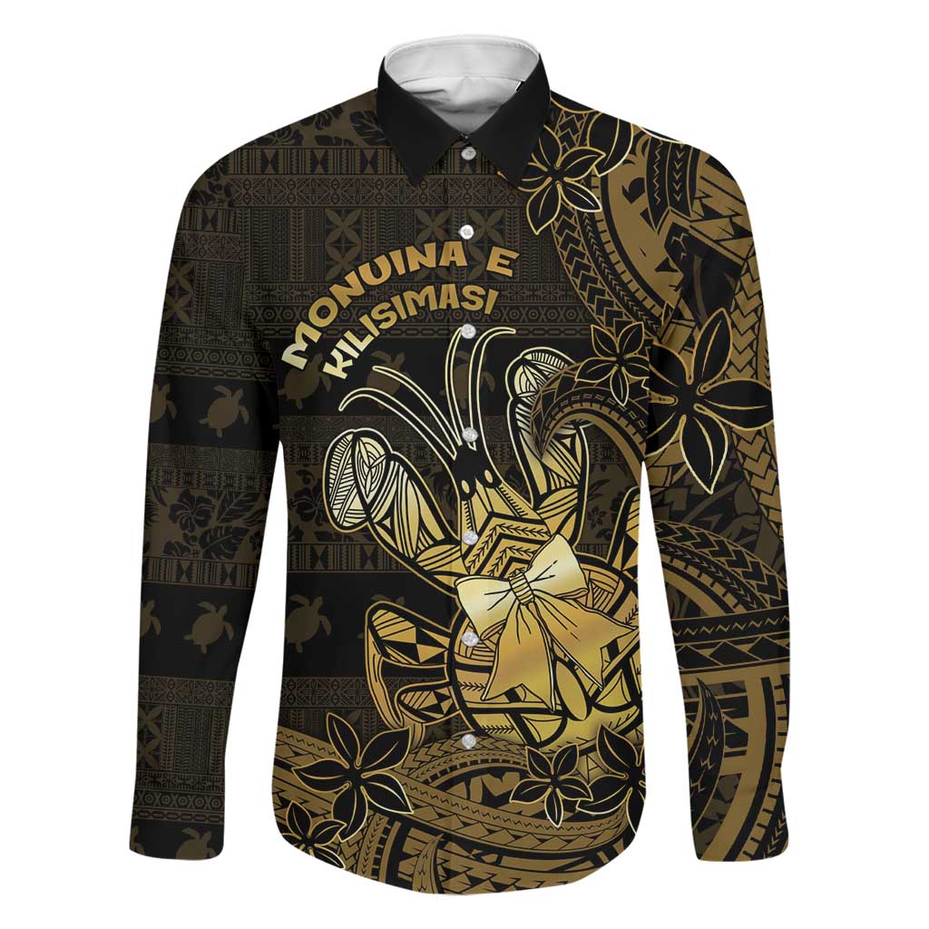 Niue Christmas Family Matching Off Shoulder Short Dress and Hawaiian Shirt Niuean Crab Xmas Tribal Waves DT05 Dad's Shirt - Long Sleeve Gold - Polynesian Pride