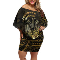 Niue Christmas Family Matching Off Shoulder Short Dress and Hawaiian Shirt Niuean Crab Xmas Tribal Waves DT05 Mom's Dress Gold - Polynesian Pride