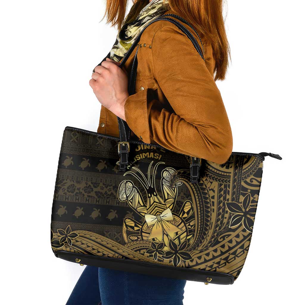 Niue Christmas Leather Tote Bag Niuean Crab Xmas Tribal Waves DT05 Gold - Polynesian Pride