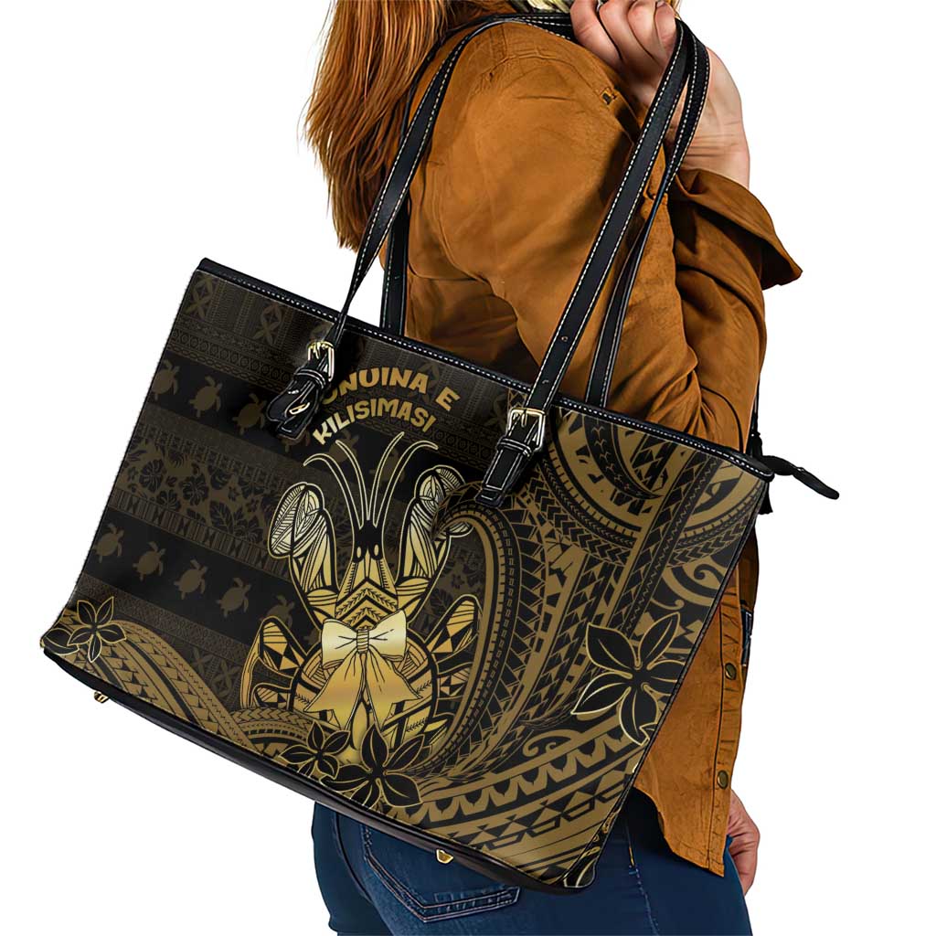 Niue Christmas Leather Tote Bag Niuean Crab Xmas Tribal Waves DT05 - Polynesian Pride
