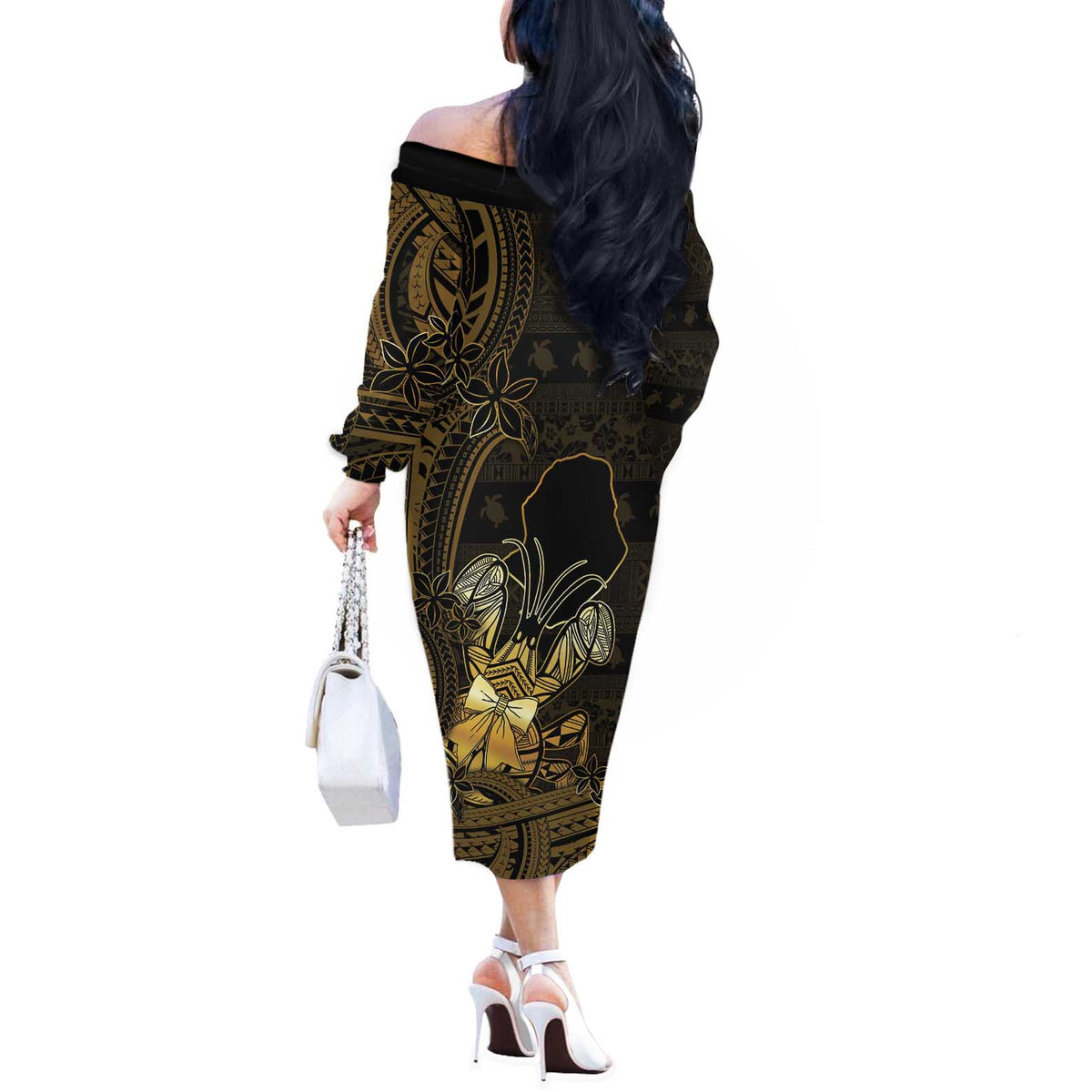 Niue Christmas Off The Shoulder Long Sleeve Dress Niuean Crab Xmas Tribal Waves - Polynesian Pride