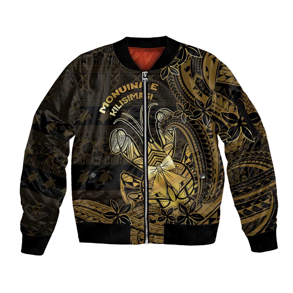 Niue Christmas Sleeve Zip Bomber Jacket Niuean Crab Xmas Tribal Waves DT05 Unisex Gold - Polynesian Pride