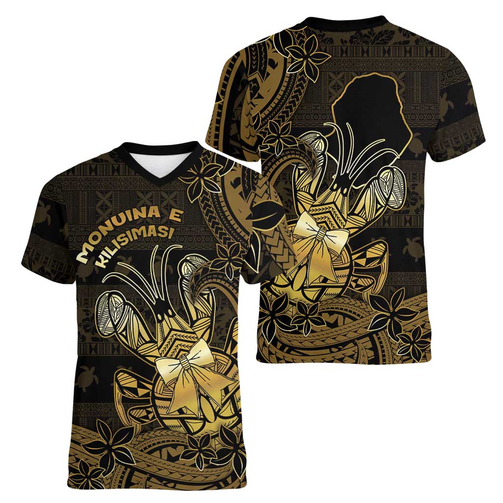 Niue Christmas Women V-Neck T-Shirt Niuean Crab Xmas Tribal Waves - Polynesian Pride