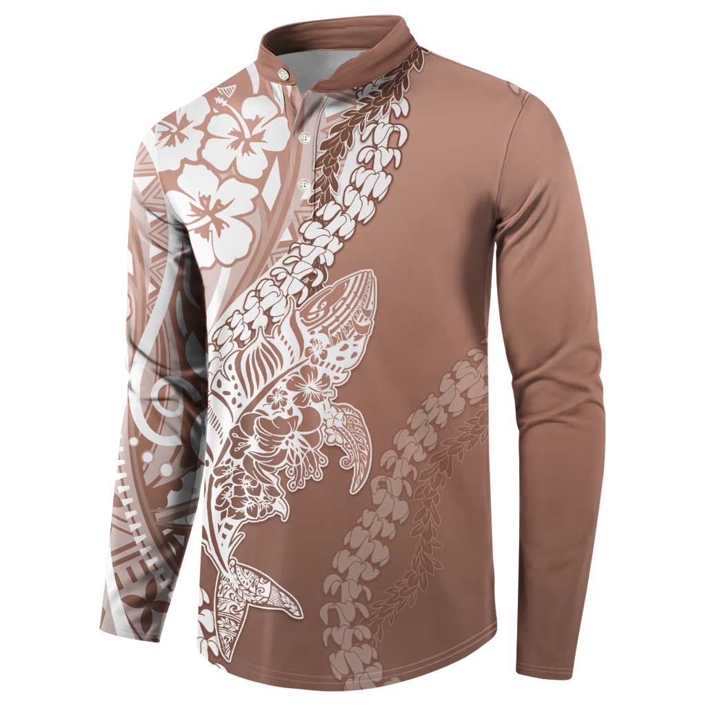 Hawaii Puakenikeni And Maile Lei Button Sweatshirt Brown Polynesian Shark Tattoo DT05