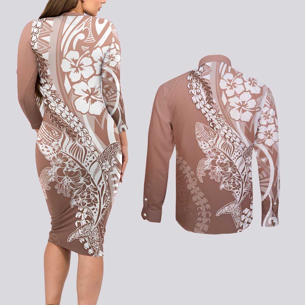 Hawaii Puakenikeni And Maile Lei Couples Matching Long Sleeve Bodycon Dress and Long Sleeve Button Shirt Brown Polynesian Shark Tattoo DT05 - Polynesian Pride