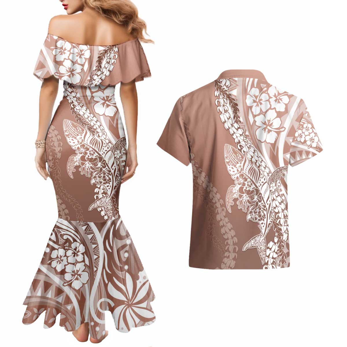 Hawaii Puakenikeni And Maile Lei Couples Matching Mermaid Dress and Hawaiian Shirt Brown Polynesian Shark Tattoo DT05 - Polynesian Pride