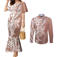 Hawaii Puakenikeni And Maile Lei Couples Matching Mermaid Dress and Long Sleeve Button Shirt Brown Polynesian Shark Tattoo DT05 Brown - Polynesian Pride