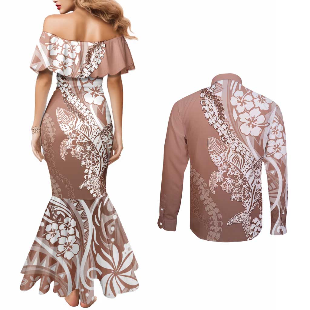 Hawaii Puakenikeni And Maile Lei Couples Matching Mermaid Dress and Long Sleeve Button Shirt Brown Polynesian Shark Tattoo DT05 - Polynesian Pride
