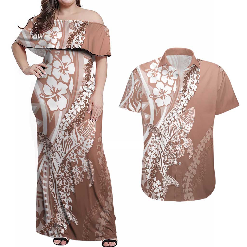 Hawaii Puakenikeni And Maile Lei Couples Matching Off Shoulder Maxi Dress and Hawaiian Shirt Brown Polynesian Shark Tattoo DT05 Brown - Polynesian Pride