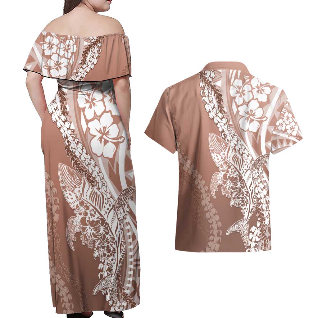 Hawaii Puakenikeni And Maile Lei Couples Matching Off Shoulder Maxi Dress and Hawaiian Shirt Brown Polynesian Shark Tattoo DT05 - Polynesian Pride
