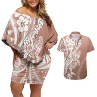 Hawaii Puakenikeni And Maile Lei Couples Matching Off Shoulder Short Dress and Hawaiian Shirt Brown Polynesian Shark Tattoo DT05 Brown - Polynesian Pride