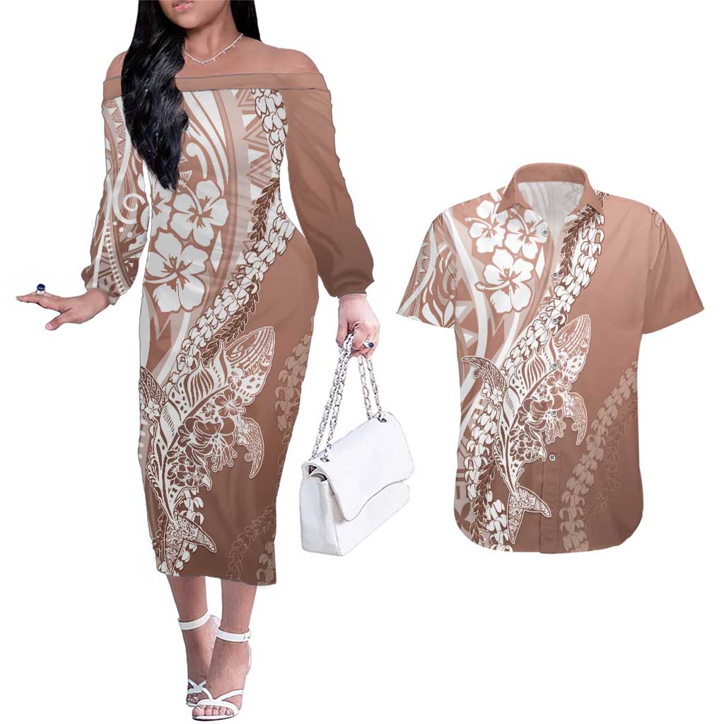 Hawaii Puakenikeni And Maile Lei Couples Matching Off The Shoulder Long Sleeve Dress and Hawaiian Shirt Brown Polynesian Shark Tattoo DT05 Brown - Polynesian Pride