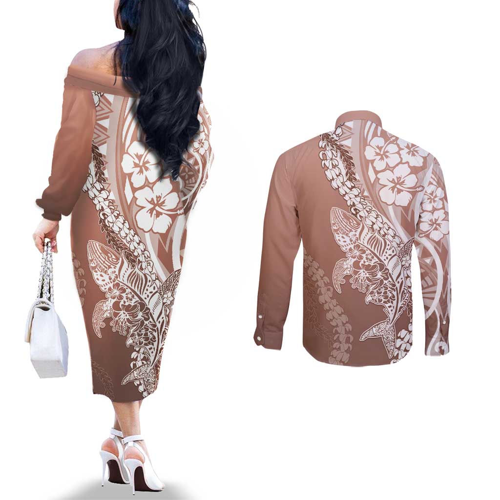 Hawaii Puakenikeni And Maile Lei Couples Matching Off The Shoulder Long Sleeve Dress and Long Sleeve Button Shirt Brown Polynesian Shark Tattoo DT05 - Polynesian Pride