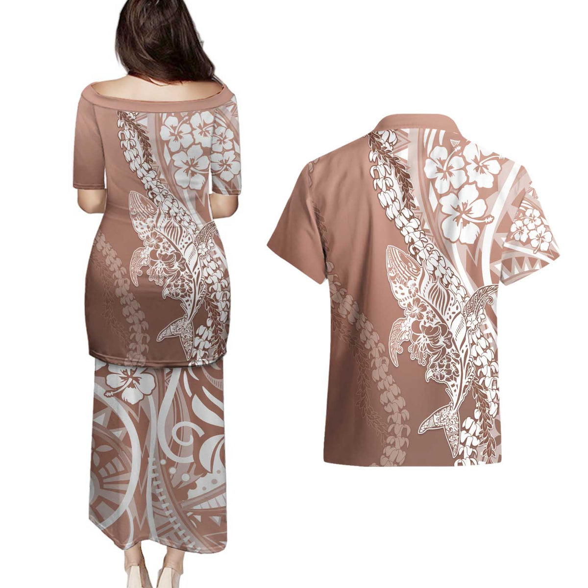 Hawaii Puakenikeni And Maile Lei Couples Matching Puletasi and Hawaiian Shirt Brown Polynesian Shark Tattoo DT05