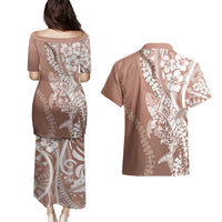 Hawaii Puakenikeni And Maile Lei Couples Matching Puletasi and Hawaiian Shirt Brown Polynesian Shark Tattoo DT05