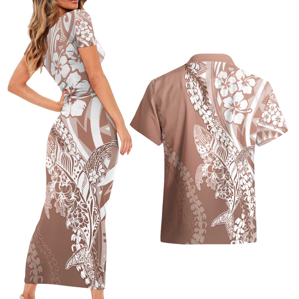 Hawaii Puakenikeni And Maile Lei Couples Matching Short Sleeve Bodycon Dress and Hawaiian Shirt Brown Polynesian Shark Tattoo DT05 - Polynesian Pride