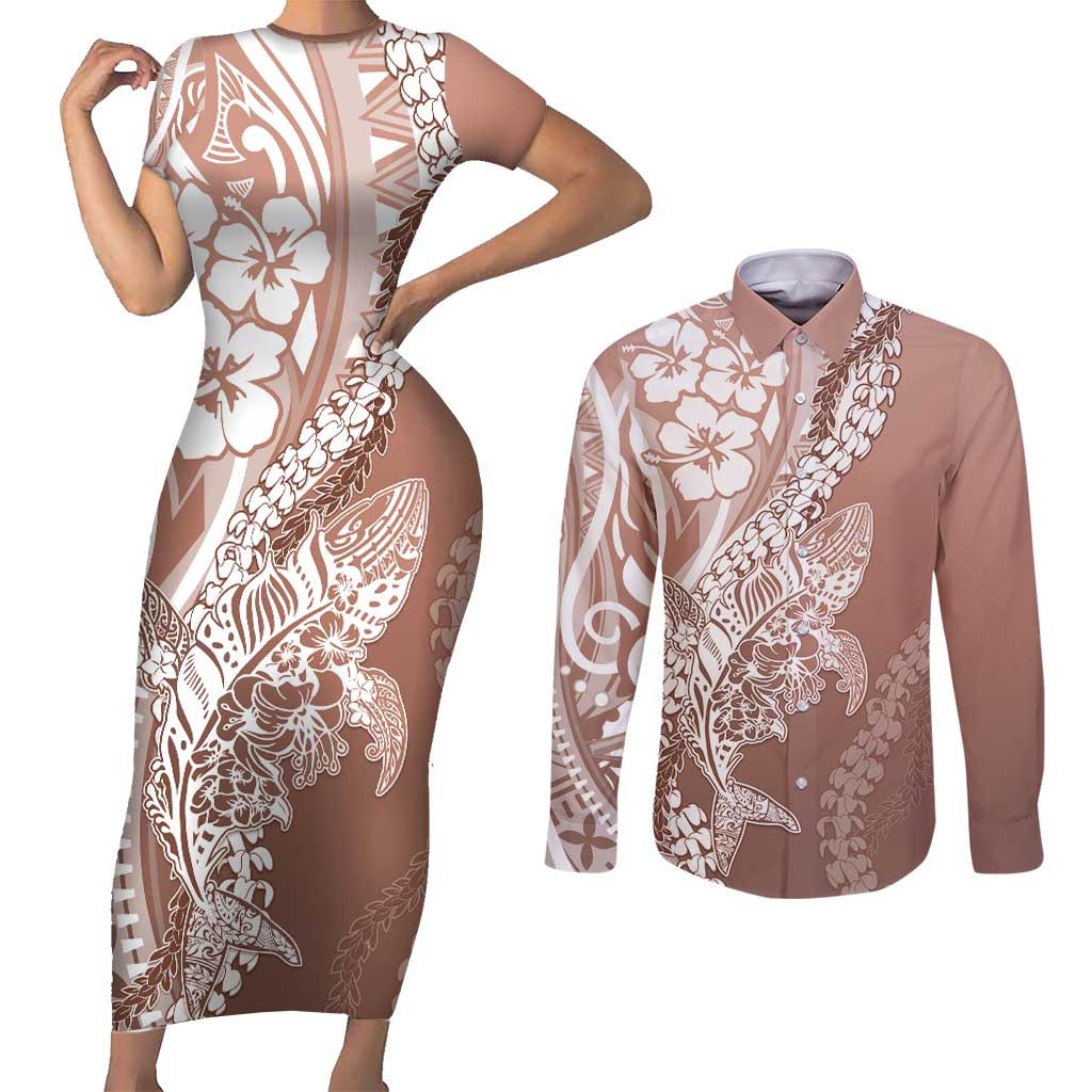 Hawaii Puakenikeni And Maile Lei Couples Matching Short Sleeve Bodycon Dress and Long Sleeve Button Shirt Brown Polynesian Shark Tattoo DT05 Brown - Polynesian Pride