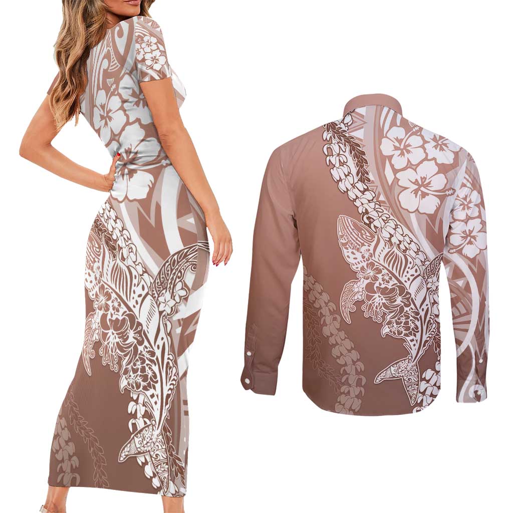 Hawaii Puakenikeni And Maile Lei Couples Matching Short Sleeve Bodycon Dress and Long Sleeve Button Shirt Brown Polynesian Shark Tattoo DT05 - Polynesian Pride
